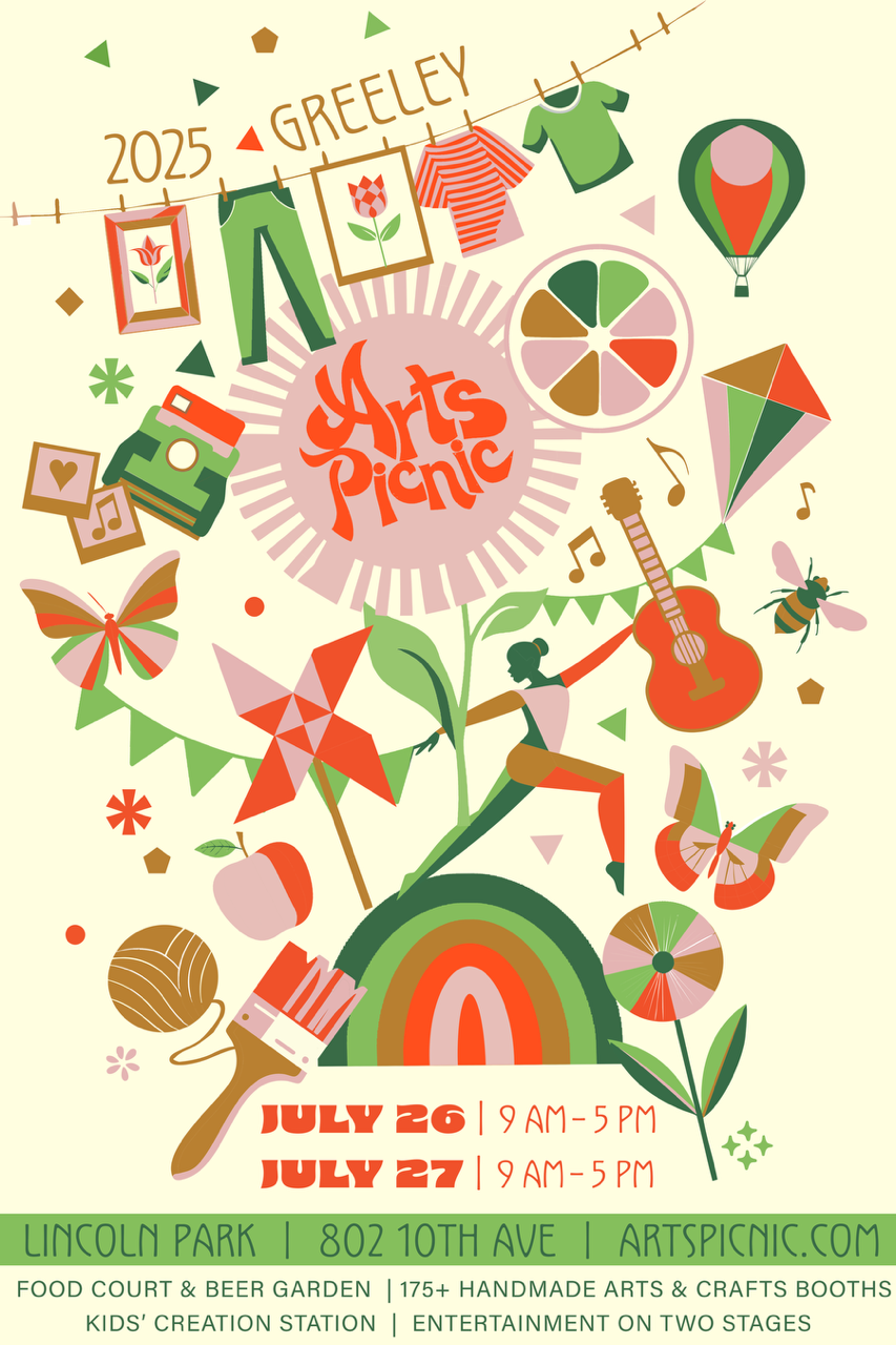 Advertisement poster for the 2025 Arts Picnic with dates, times, location, featuring the Food Court and Beer Garden, 175 handmade arts and craft booths, kid creation station, and entertainment on two stages