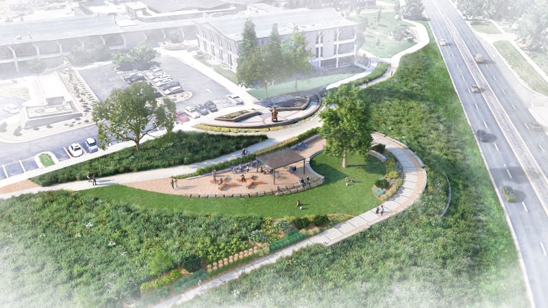 Artist rendering of the University Center hill landscape project, showcasing a patio with shade and seating, walking paths, and a variety of tall grasses and other plants.