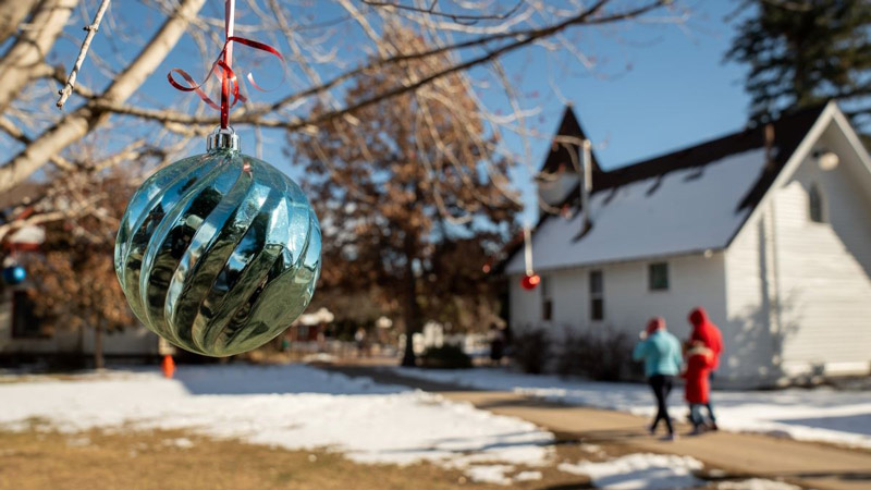 Ornament hanging on an outdoor tree in foreground with white building and snow in background.